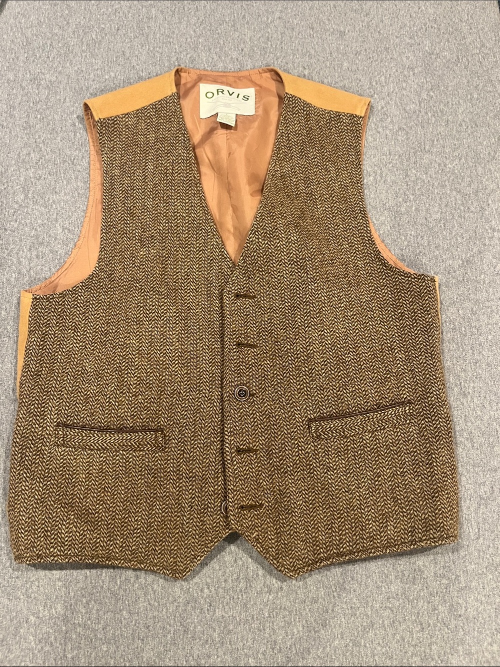 Orvis wool tweed herringbone vest/waistcoat, size large.